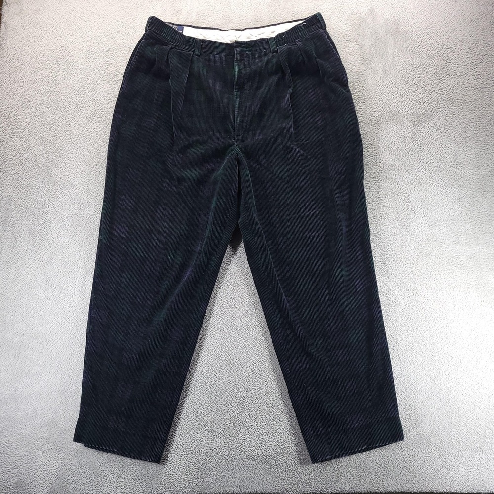 Polo Ralph Lauren Pants Mens 38 Green Tartan Corduroy Pleated Tapered Vintage US